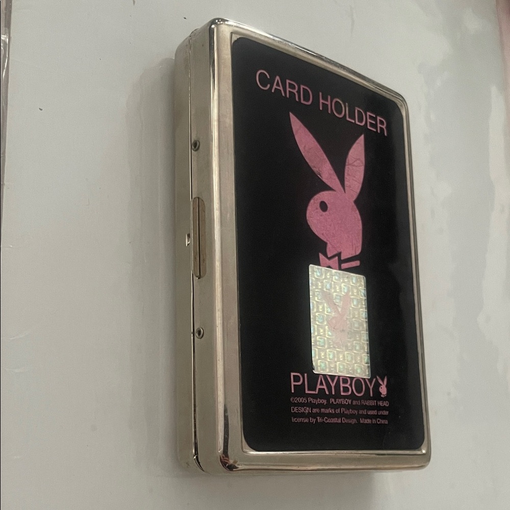 Vintage Playboy Card Case Metal Hinged Holographic Bunny Logo Wallet Silver